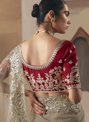 Embroidered beige fancy fabric saree 4
