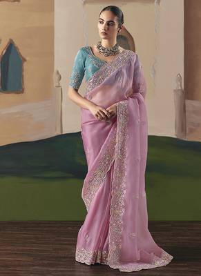 Embroidered pink fancy fabric saree 1