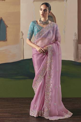 Embroidered pink fancy fabric party designer saree