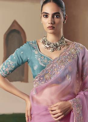 Embroidered pink fancy fabric saree 2