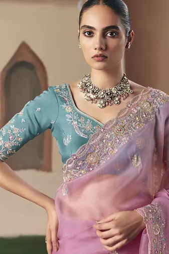 Embroidered pink fancy fabric saree