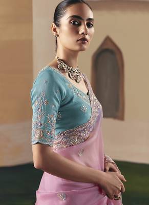 Embroidered pink fancy fabric saree 3