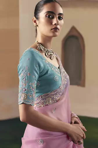 Embroidered pink fancy fabric saree