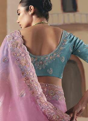Embroidered pink fancy fabric saree 4