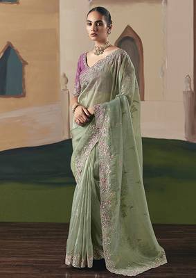 Embroidered pista green fancy fabric saree 1