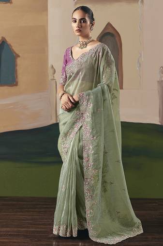 Embroidered pista green fancy fabric party designer saree