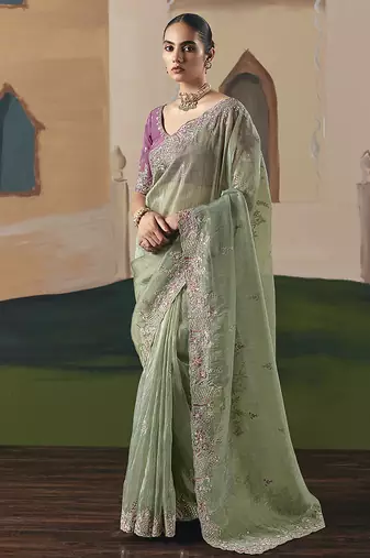 Embroidered pista green fancy fabric party designer saree