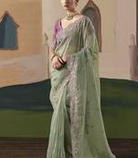 Embroidered pista green fancy fabric party designer saree
