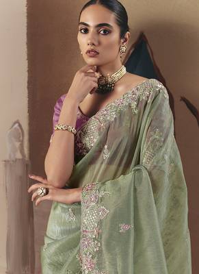 Embroidered pista green fancy fabric saree 2