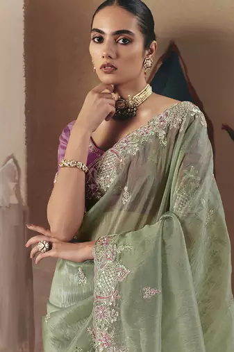 Embroidered pista green fancy fabric saree
