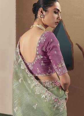 Embroidered pista green fancy fabric saree 3