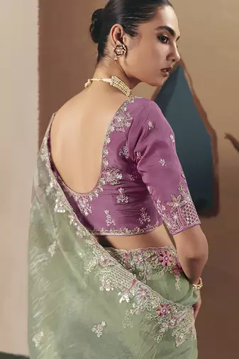 Embroidered pista green fancy fabric saree