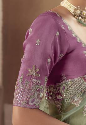 Embroidered pista green fancy fabric saree 4