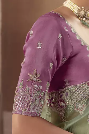 Embroidered pista green fancy fabric saree