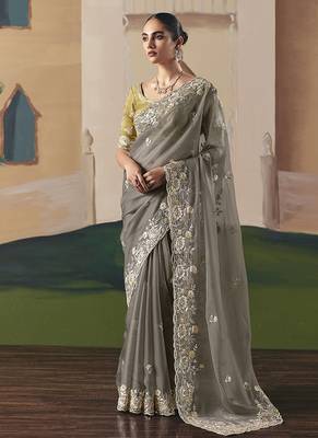 Embroidered grey fancy fabric saree 1