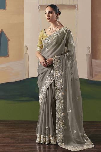 Embroidered grey fancy fabric party designer saree