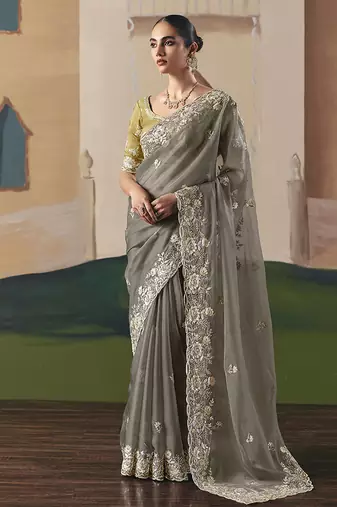Embroidered grey fancy fabric party designer saree