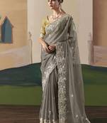 Embroidered grey fancy fabric party designer saree