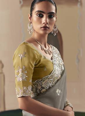 Embroidered grey fancy fabric saree 2