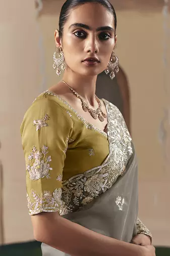 Embroidered grey fancy fabric saree