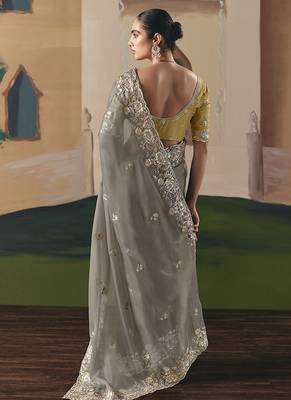 Embroidered grey fancy fabric saree 3