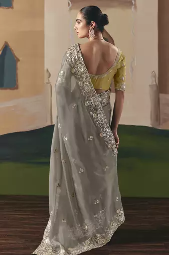 Embroidered grey fancy fabric saree