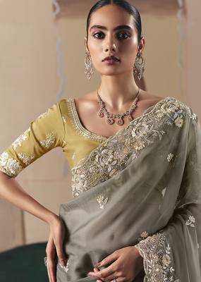 Embroidered grey fancy fabric saree 4