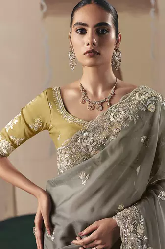 Embroidered grey fancy fabric saree
