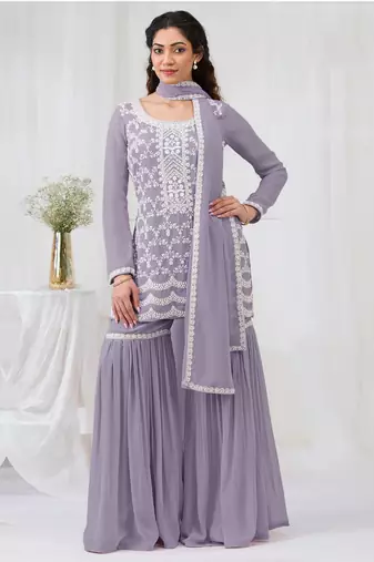 Lavender color embroideried faux geogette salwar suit
