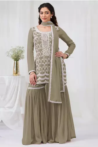 Mehendi color embroideried faux georgette salwar suit