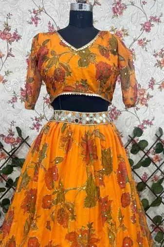 Yellow Color Mirror & Sequins Work Tabby Silk Lehenga Choli