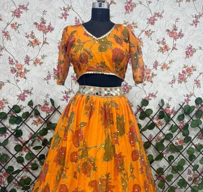 Yellow Color Mirror & Sequins Work Tabby Silk Lehenga Choli