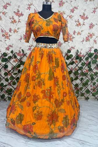 Yellow Color Mirror & Sequins Work Tabby Silk Lehenga Choli