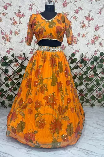 Yellow Color Mirror & Sequins Work Tabby Silk Lehenga Choli