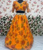 Yellow Color Mirror & Sequins Work Tabby Silk Lehenga Choli