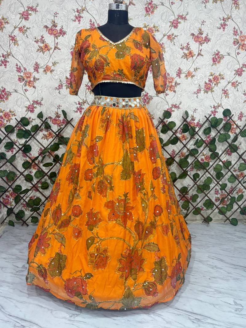 Yellow Color Mirror & Sequins Work Tabby Silk Lehenga Choli