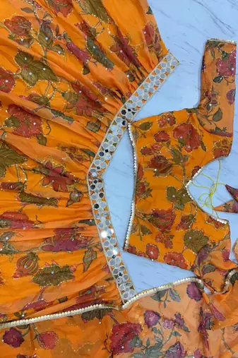 Yellow Color Mirror & Sequins Work Tabby Silk Lehenga Choli