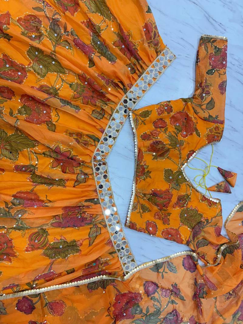 Yellow Color Mirror & Sequins Work Tabby Silk Lehenga Choli