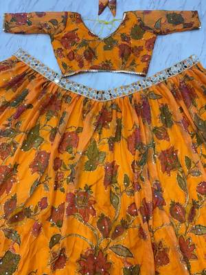Yellow Color Mirror & Sequins Work Tabby Silk Lehenga Choli 4