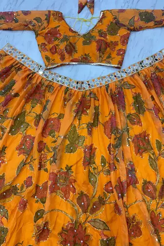 Yellow Color Mirror & Sequins Work Tabby Silk Lehenga Choli