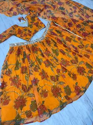 Yellow Color Mirror & Sequins Work Tabby Silk Lehenga Choli 5