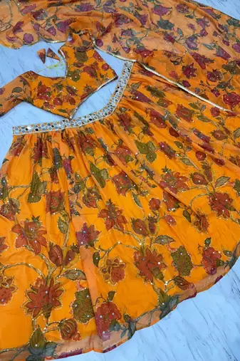 Yellow Color Mirror & Sequins Work Tabby Silk Lehenga Choli