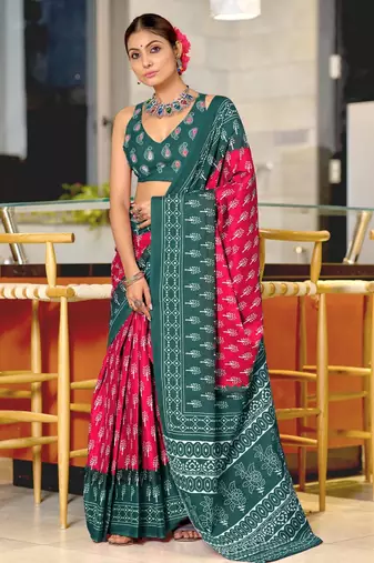 pink soft cotton printed fancy saree with blouse