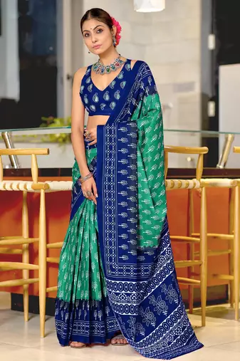 green soft cotton printed fancy saree with blouse