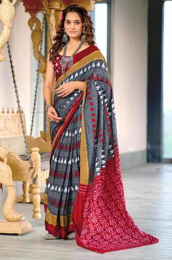 grey mulmul cotton printed fancy saree with blouse
