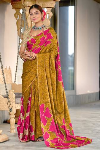 mustard soft cotton printed fancy saree with blouse