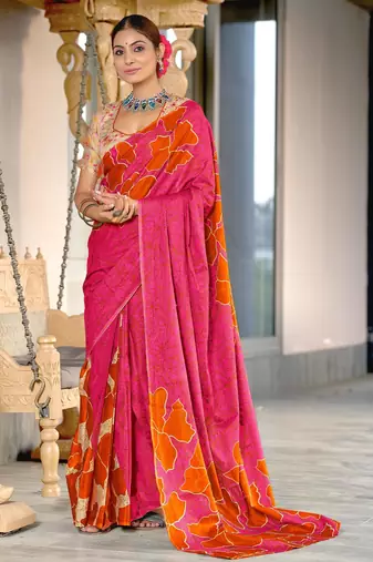 pink soft cotton printed fancy saree with blouse
