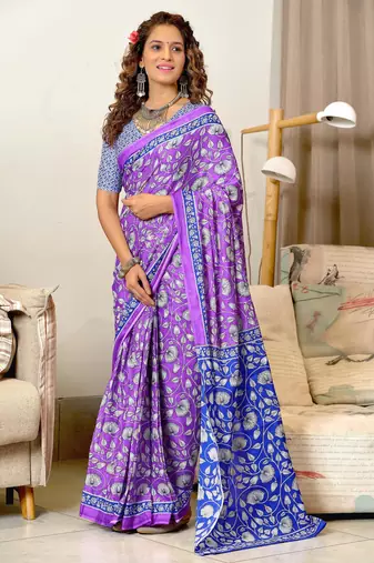 purple mulmul cotton printed fancy saree with blouse