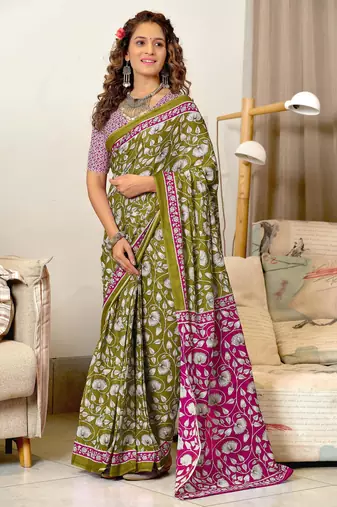 mehandi mulmul cotton printed fancy saree with blouse