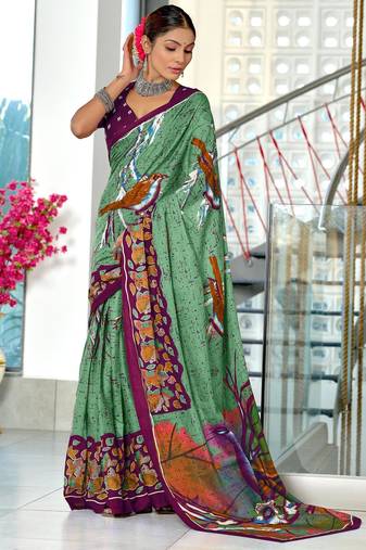 green mulmul cotton printed fancy saree with blouse